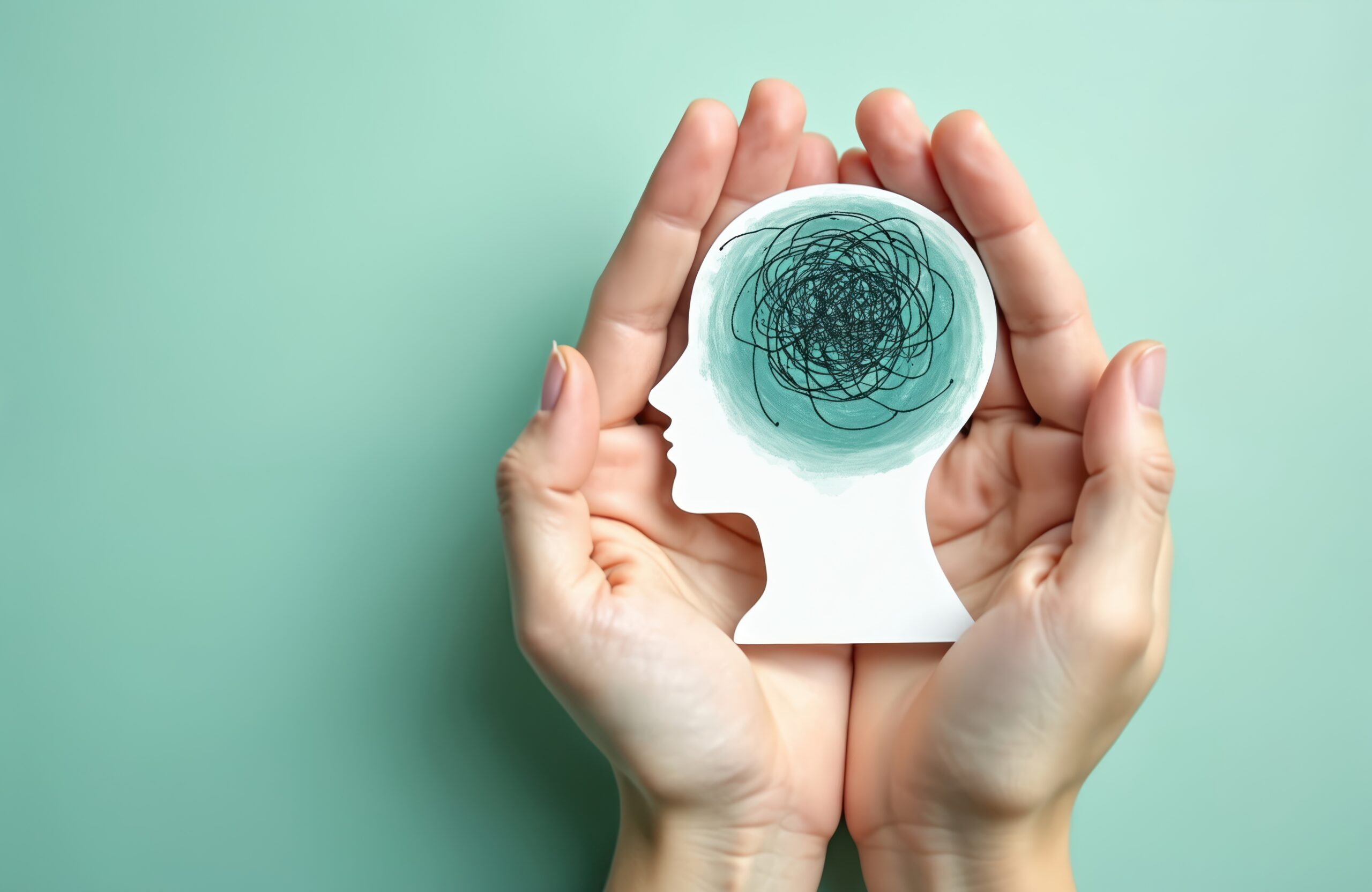 Hände halten symbolisch den Querschnitt eines Kopfes.