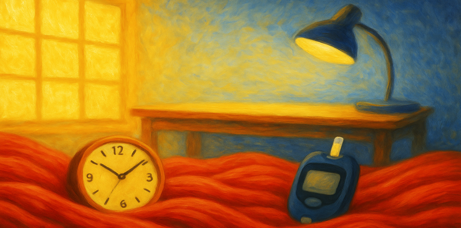 AI-generated image shows an alarm clock, a blood glucose meter, and a lamp in an interior room.