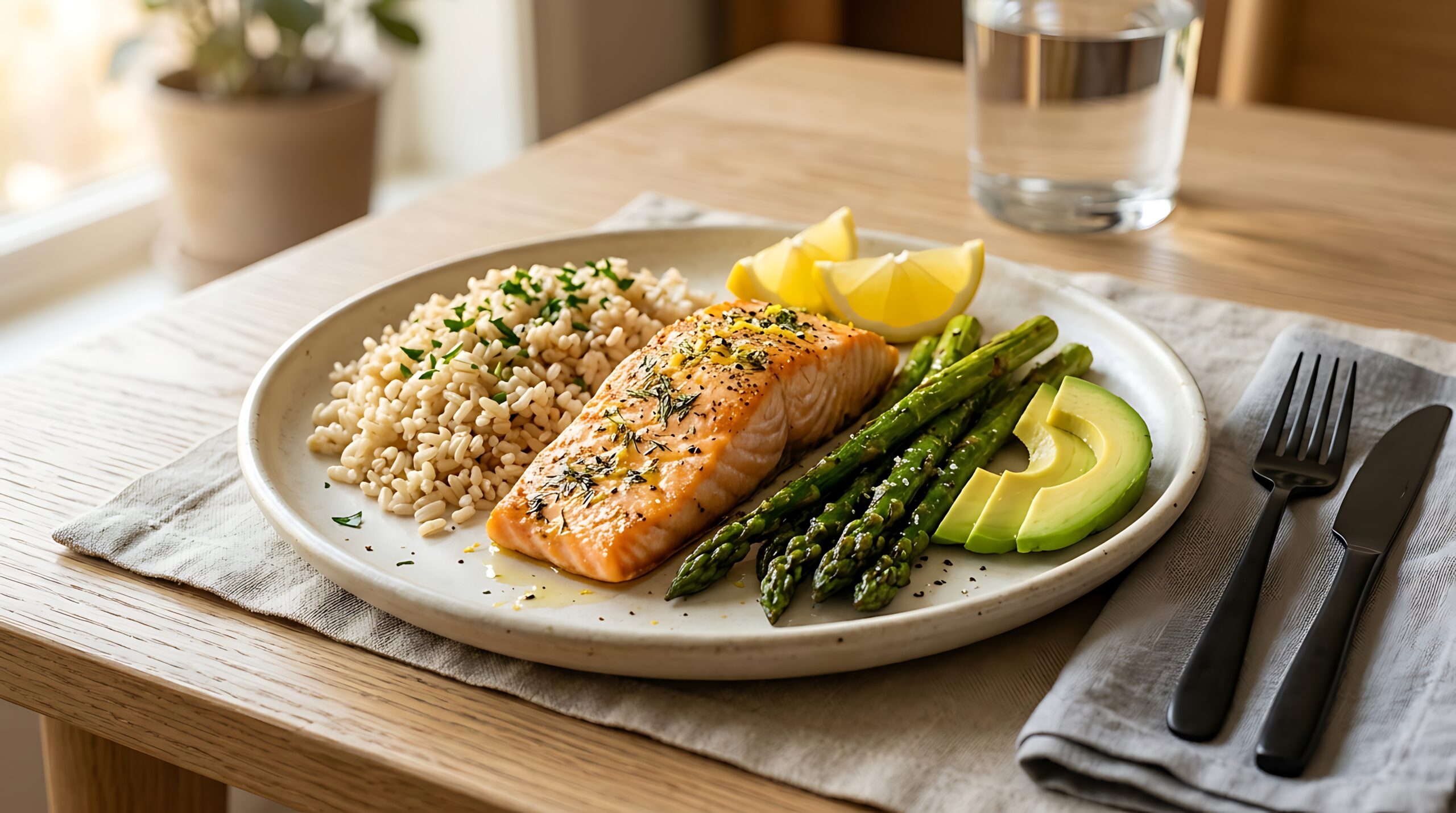 Meal with rice, salmon, asparagus