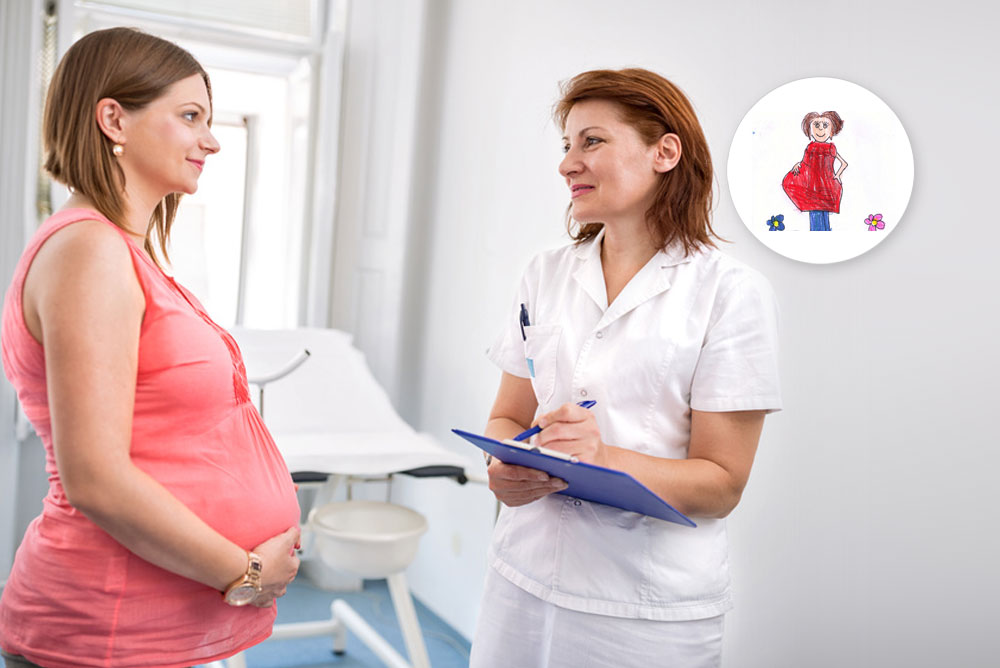 Eine schwangere Frau beantwortet die Fragen einer Arzthelferin. Oben rechts ist das Logo der PREG-Studie abgebildet